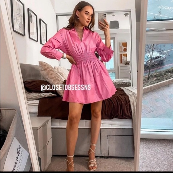 Zara collard v neck pink mini dress — smocked waist long sleeves skater dress - Picture 14 of 15